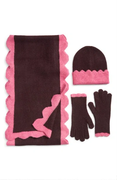 Treasure & Bond Scalloped Scarf, Beanie & Gloves Set In Burgundy