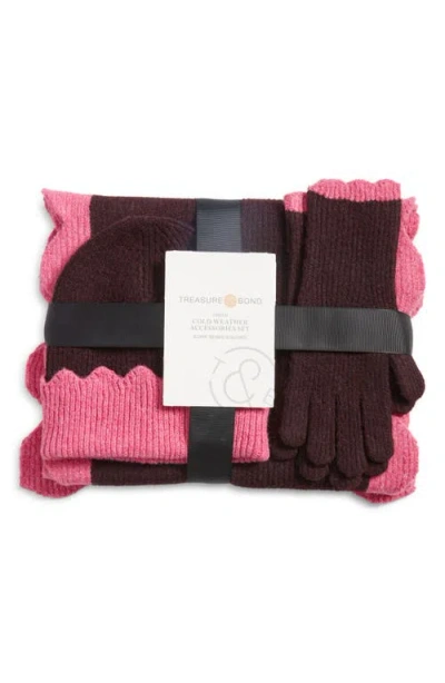 Treasure & Bond Scalloped Scarf, Beanie & Gloves Set In Burgundy