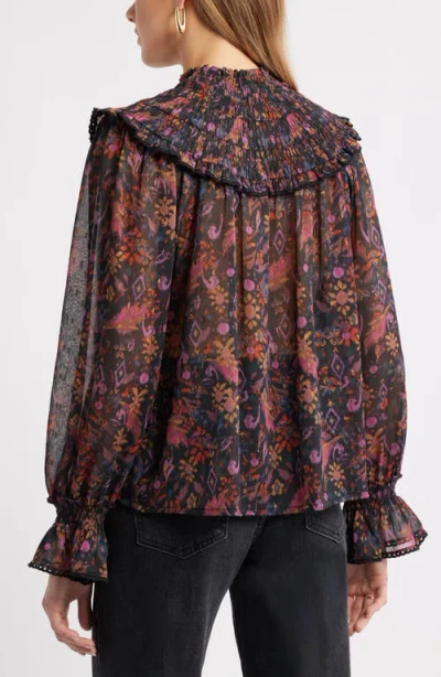 Treasure & Bond Floral Metallic Smocked Yoke Top In Black
