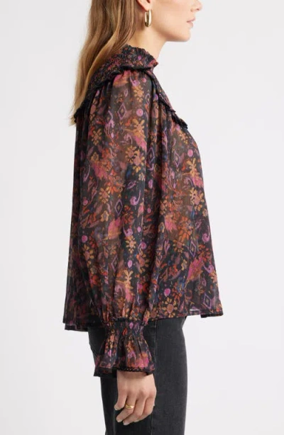 Treasure & Bond Floral Metallic Smocked Yoke Top In Black