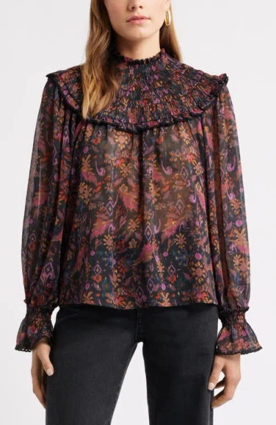 Treasure & Bond Floral Metallic Smocked Yoke Top In Black