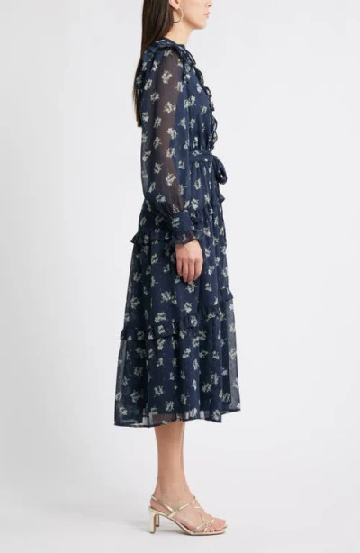 Caslonr Caslon(r) Floral Fil Coupé Long Sleeve Midi Dress In Blue