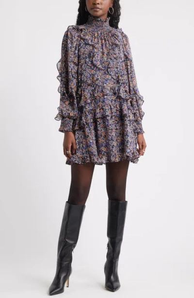 Treasure & Bond Metallic Mock Neck Long Sleeve Chiffon Minidress In Multi