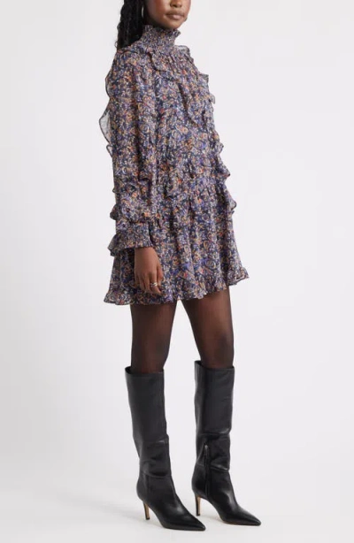 Treasure & Bond Metallic Mock Neck Long Sleeve Chiffon Minidress In Multi