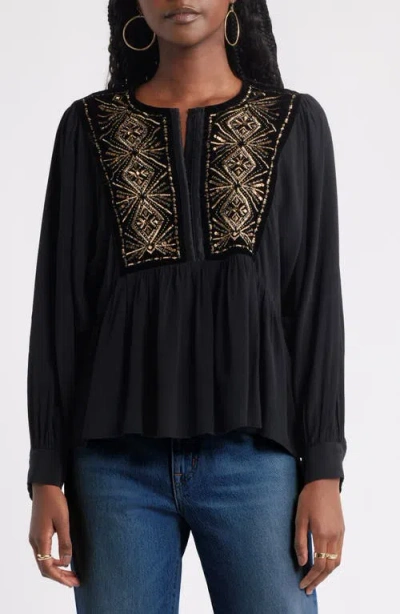 Treasure & Bond Metallic Embroidered Split Neck Top In Black