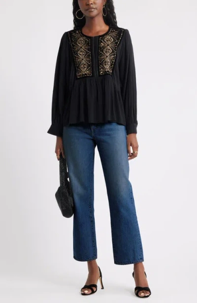 Treasure & Bond Metallic Embroidered Split Neck Top In Black