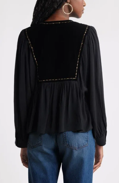 Treasure & Bond Metallic Embroidered Split Neck Top In Black