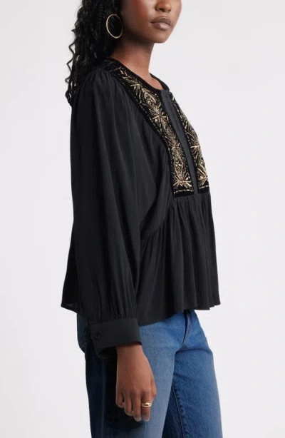 Treasure & Bond Metallic Embroidered Split Neck Top In Black