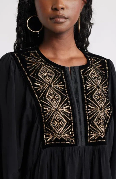 Treasure & Bond Metallic Embroidered Split Neck Top In Black