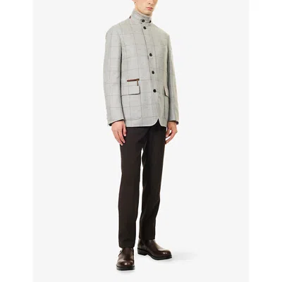 Dunhill Mens Grey Melange Check-print High-neck Wool, Silk And Cashmere Jacket In White