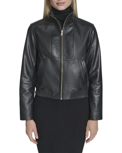 Cole Haan Stand Collar Leather Bomber Jacket In Black
