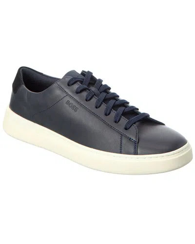 Hugo Boss Gary Leather Low-top Trainers With Branded Lace Loop In Blue