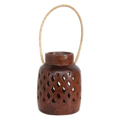 Storied Home Handmade Terra-cotta Lantern With Cut-outs And Rattan Wrapped Handle In Brown