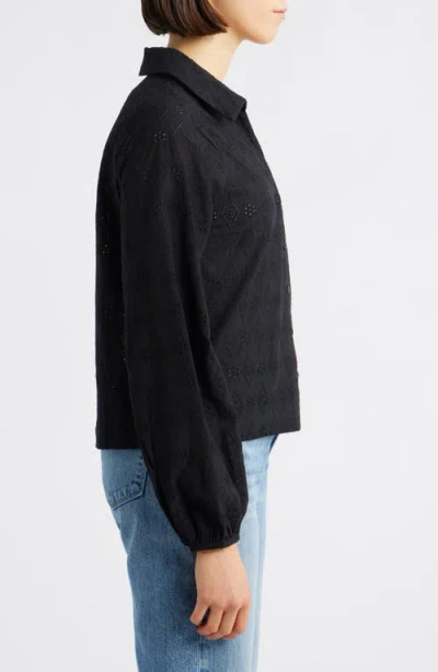Bobeau Embroidered Eyelet Cotton Button-up Shirt In Black
