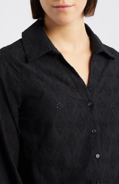 Bobeau Embroidered Eyelet Cotton Button-up Shirt In Black