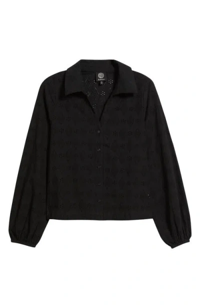 Bobeau Embroidered Eyelet Cotton Button-up Shirt In Black