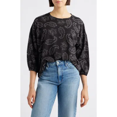 Bobeau Embroidered Puff Sleeve Top In Black