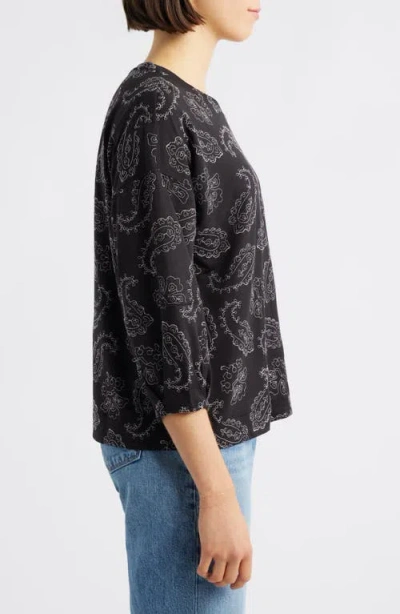 Bobeau Embroidered Puff Sleeve Top In Black