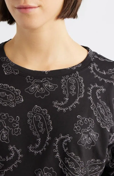 Bobeau Embroidered Puff Sleeve Top In Black