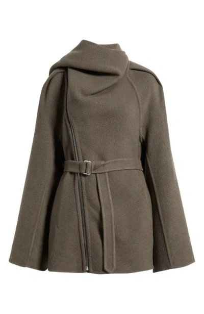 Rick Owens Asymmetric Belted Coat High Neck In Brown
