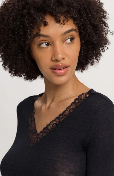 Hanro Lace Trim Long Sleeve Top In Blue
