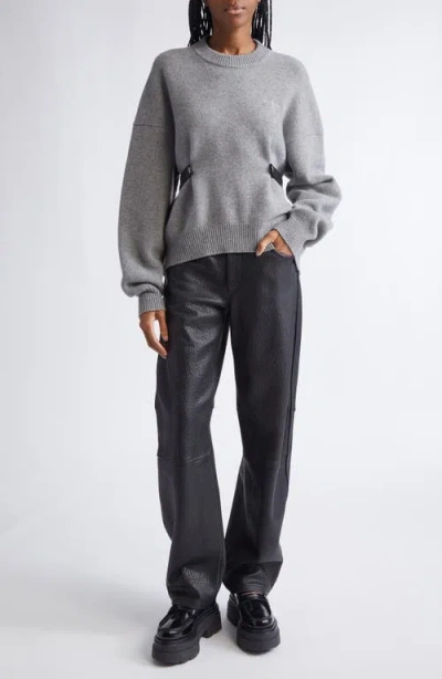Alexander Wang Relaxed Wool Blend Sweater With Detachable Leather Tabs In Gray
