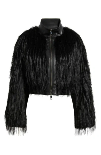 Hugo Boss Boss Cropped Jacket With Furry Detail In Black