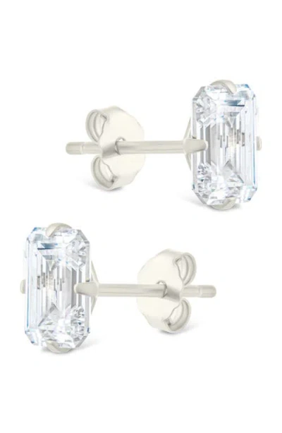 Sterling Forever Sterling Silver Emerald Cut Prong Set Stud Earrings In Silver