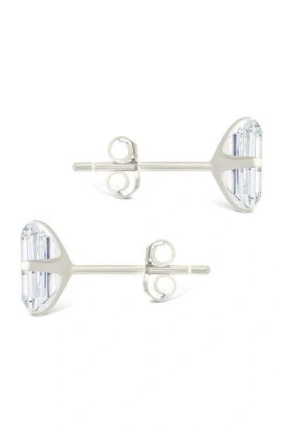 Sterling Forever Sterling Silver Emerald Cut Prong Set Stud Earrings In Silver