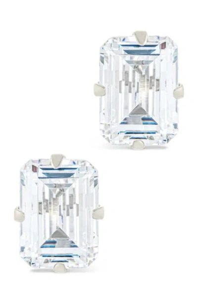 Sterling Forever Sterling Silver Emerald Cut Prong Set Stud Earrings In Silver