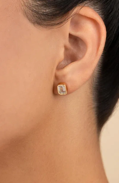 Sterling Forever 14k Over Silver Cz Emerald Cut Bezel Set Stud Earrings In Gold