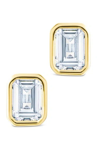 Sterling Forever 14k Over Silver Cz Emerald Cut Bezel Set Stud Earrings In Gold