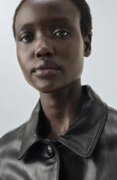 Mango Selection Leather Bomber Jacket In Black