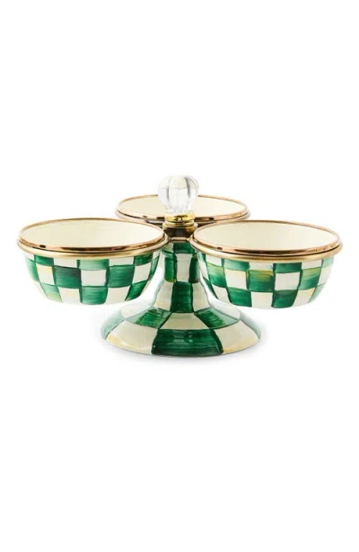 Mackenzie-childs Mackenzie Childs Emerald Check Enameled Steel Triplicity Bowls & Stand Set In Green