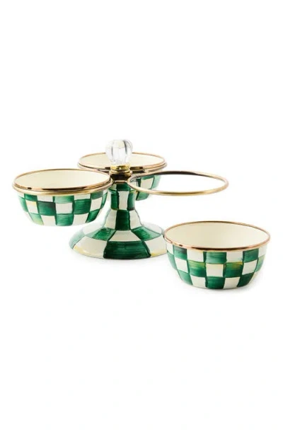 Mackenzie-childs Mackenzie Childs Emerald Check Enameled Steel Triplicity Bowls & Stand Set In Green