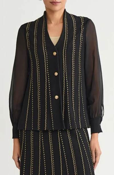 Ming Wang Metallic Stripe Cardigan In Black