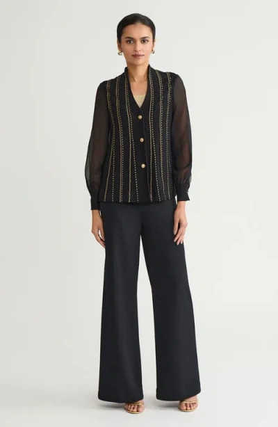 Ming Wang Metallic Stripe Cardigan In Black