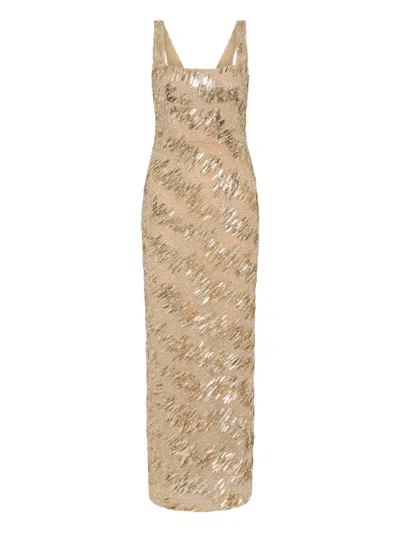 Rachel Gilbert Marcel Embellished Sleeveless Column Gown In Gold