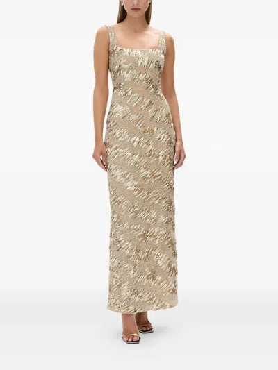 Rachel Gilbert Marcel Embellished Sleeveless Column Gown In Gold