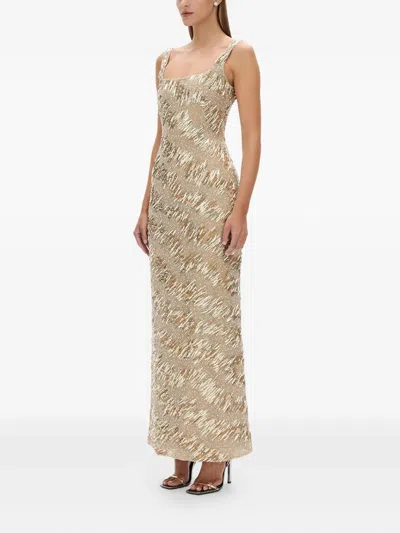 Rachel Gilbert Marcel Embellished Sleeveless Column Gown In Gold