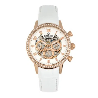 Empress Beatrice Automatic Skeleton Dial Leather-band Watch With Day & Date In White