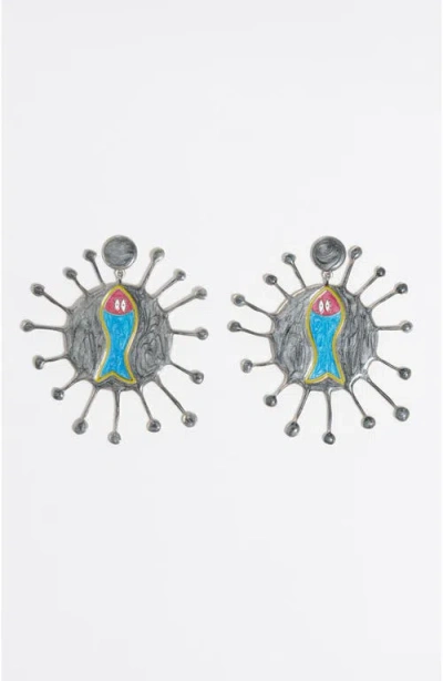 Bimba Y Lola Multicolor Enamel Fish Earrings In Gray