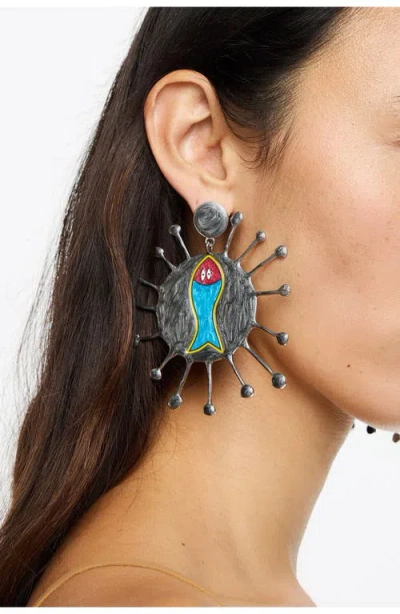 Bimba Y Lola Multicolor Enamel Fish Earrings In Gray