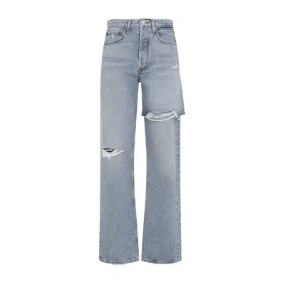 Agolde Cotton Denim Ripped Trousers In Blue