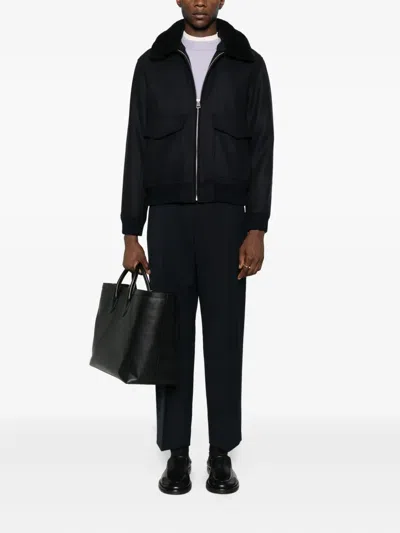 Sandro Mens Shearling-collar Wool-blend Aviator Jacket Navy Blue In Multi