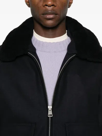 Sandro Mens Shearling-collar Wool-blend Aviator Jacket Navy Blue In Multi