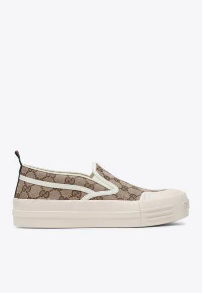 Gucci Monogram Pattern Low Top Sneakers With Pull Tab In Brown