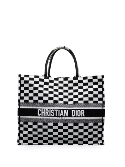 Pre-owned Dior 2018 Large Embroidered Canvas Checkered Book Tote Bag In Black