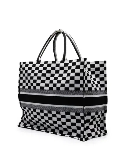 Pre-owned Dior 2018 Large Embroidered Canvas Checkered Book Tote Bag In Black