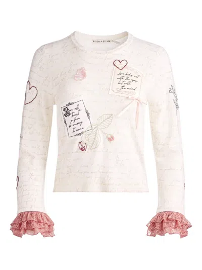 Alice And Olivia Carolann Script Embroidered Ruffle-cuff Sweater In Neutral
